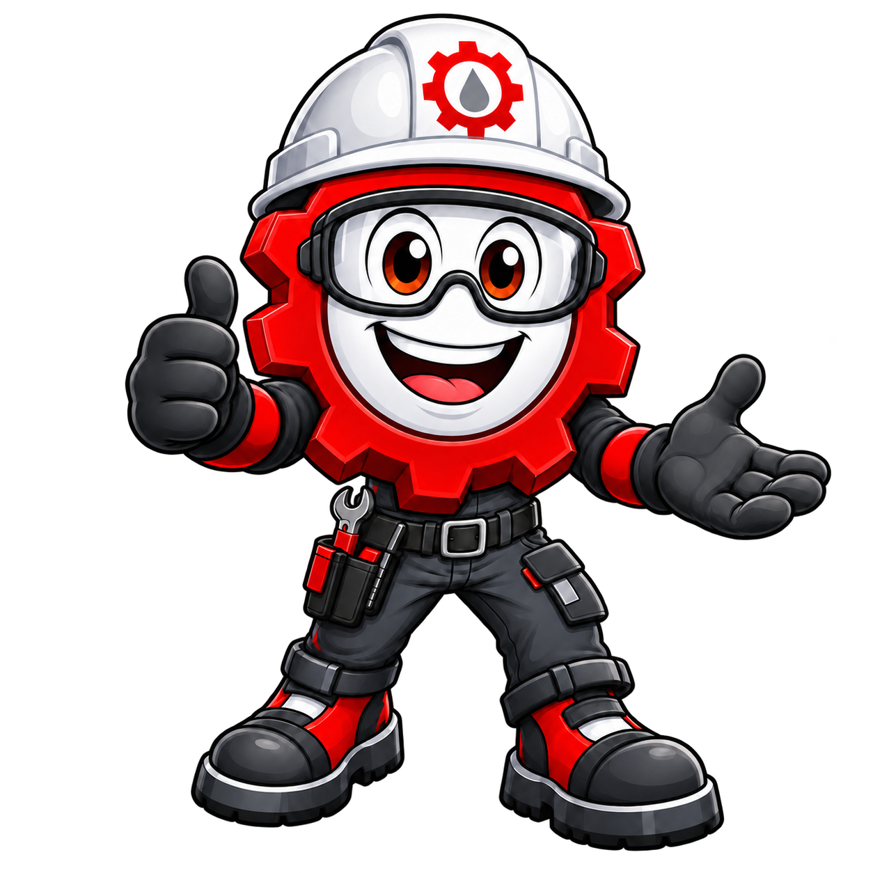 Mascote industrial do Grupo Hidrauluc e Kilflex fazendo sinal de boas-vindas