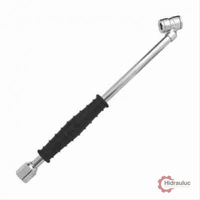 Bico duplo longo p/ encher pneus, c/ retenção, em metal, c/ manopla.